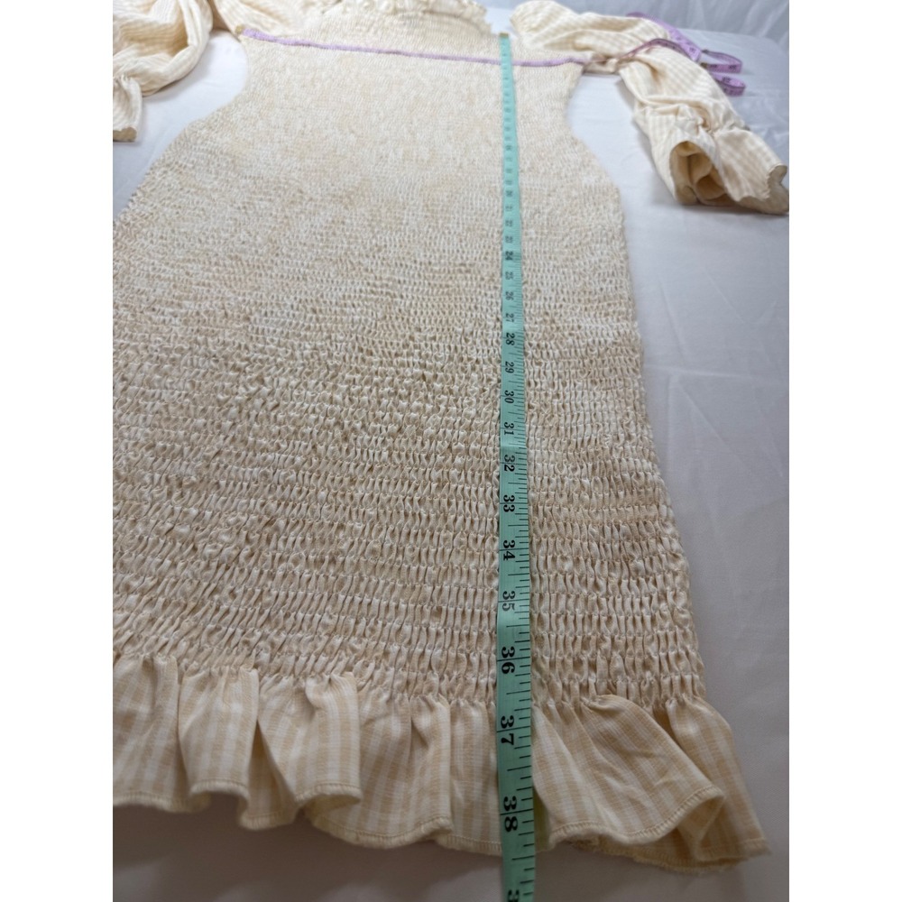 SNDYS US 10 Beige Gingham Smocked Midi Dress Cottagecore Puff Sleeve - Picture 6 of 9